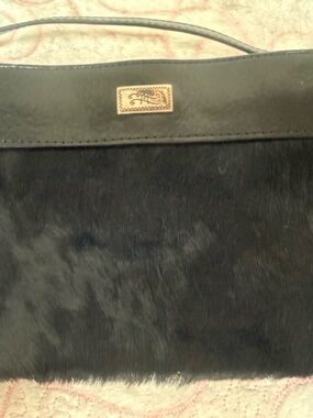 Brighton Black Fur-Front Crossbody Bag with Gold Logo